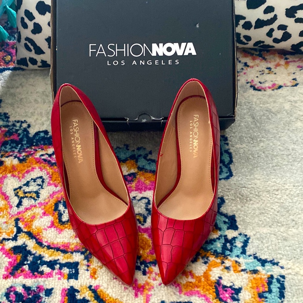 Fashion nova red croc skin heels.